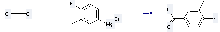 The Magnesium,bromo(4-fluoro-3-methylphenyl)- can react with Carbon dioxide to get 4-Fluoro-3-methyl-benzoic acid